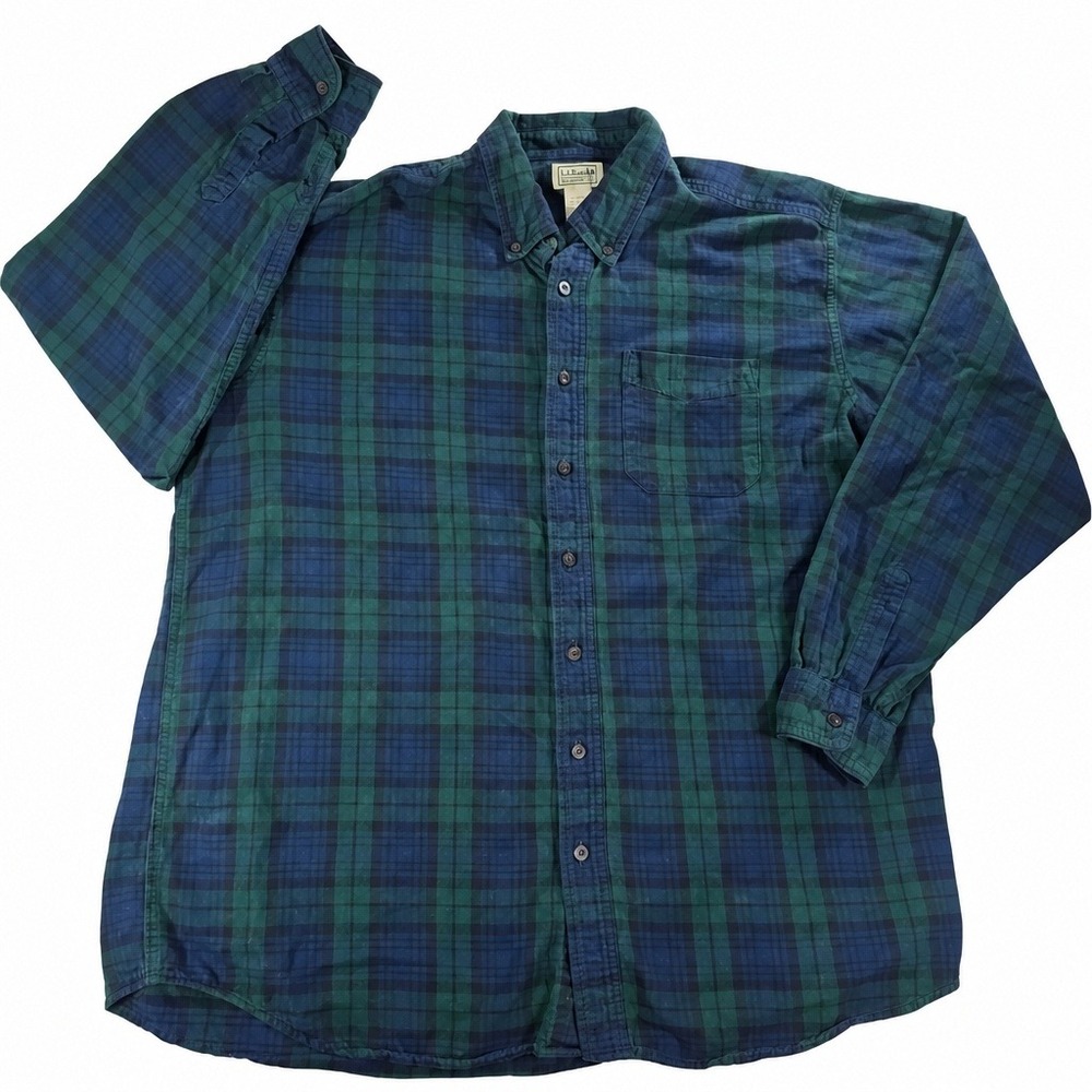 LL Bean Scotch Plaid Flannel Navy Green Button Down Shirt XL Tall Mens Well Worn